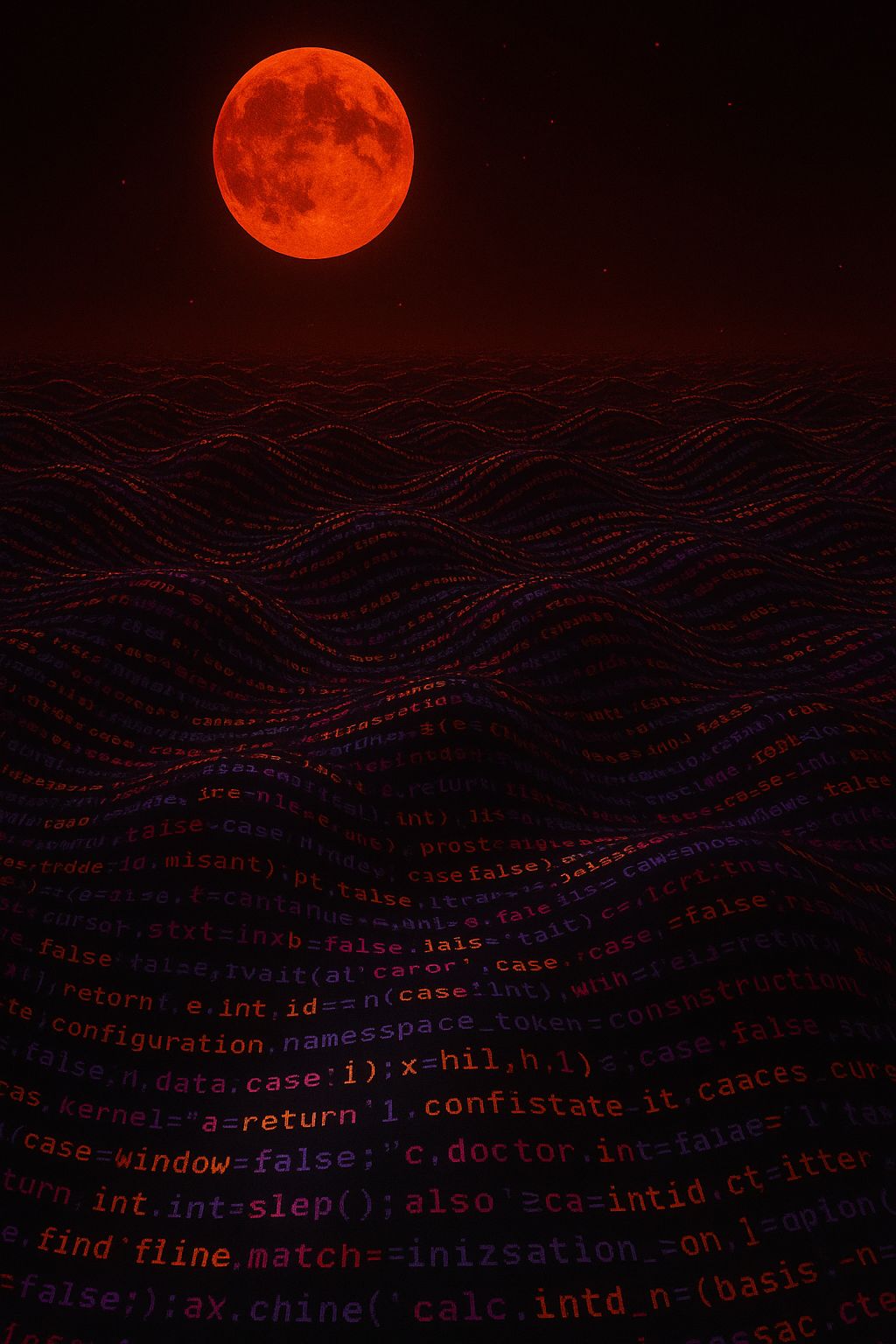 Logo de legendary games: Imagen nocturna con una gran luna roja brillante en el cielo, iluminando un océano formado por líneas de código entrelazadas que brillan tenuemente en colores rojo, púrpura y azul. Las olas digitales se extienden hasta el horizonte